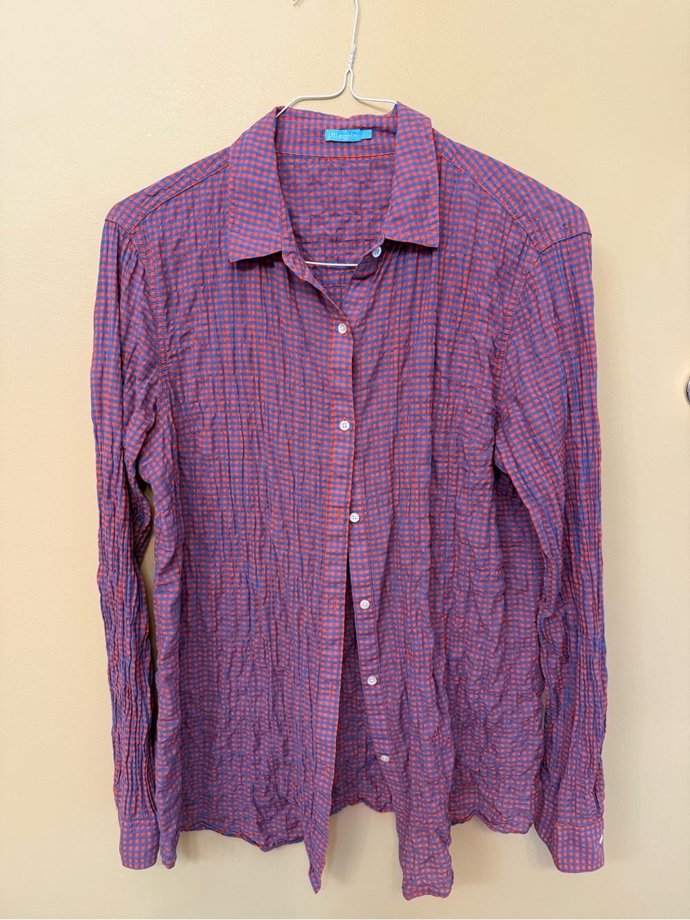 Women’s Crinkled Check Button-Up Blouse - Purple Red